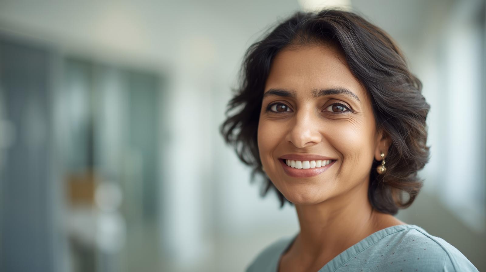 Image Of A Middle Aged Woman Looking Happy In A Clinical Setting